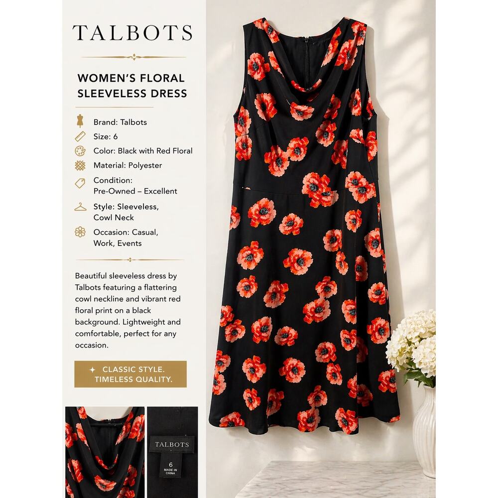 Talbots Dress Size 6 Black Red Floral Sleeveless Cowl Neck Midi A Line